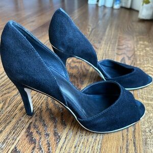 Faux Suede Calvin Klein Stilettos with gold piping in EUC